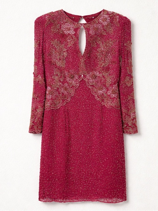 Vintage Dresses & Skirts - Vintage Peak Sequined Beaded Keyhole Invisible Zipper Lined Silk Dress